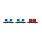 DRS PFA Four Wheel Flat Wagon DRSL 92712, DRSL 92731 & DRSL 92769, DRS Black Livery Triple Pack with Two Nupak and One 20' 2896- Series IP-2 Containers, Includes Wagon Load