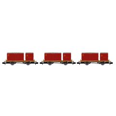 Rapido Trains UK N Scale, 921016 BR Conflat P Wagon B932869, B933387 & B933059, BR Bauxite Livery with one Type BD & one Type A Crimson Container, Includes Wagon Load small image