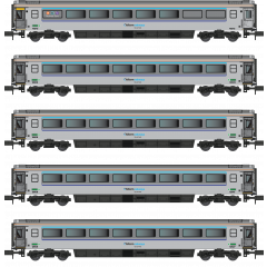 Dapol N Scale, 2P-009-500 BR Mk3A TSO Tourist Standard Open 12606, 12602, 12606 & 2610 and BR Mk3A FO First Open 10272, Chiltern Railways Arriva (Silver & Grey) 5 Coach Pack small image