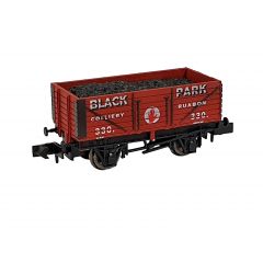 Dapol N Scale, 2F-071-064 Private Owner 7 Plank Wagon, End Door 330, 'Black Park Colliery Ruabon', Red Livery, Includes Wagon Load small image