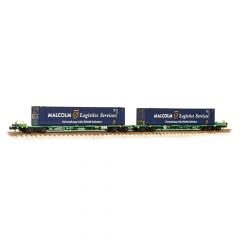 Graham Farish N Scale, 377-353A Private Owner FIA Intermodal Bogie Wagon 3370 4938537-6, Green Livery with two 45' 'Malcolm Logistics Services' containers, Includes Wagon Load small image