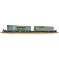 Graham Farish N Scale, 377-369 Private Owner FIA Intermodal Bogie Wagon 3170 4938202-9, Green Livery with two 45' 'Maersk Sealand & Maersk Line' containers, Includes Wagon Load small image