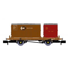 Rapido Trains UK N Scale, 921009 BR Conflat P Wagon B933343, BR Bauxite Livery with one Type BD Bauxite & one Type A Crimson Container, Includes Wagon Load small image