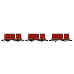 Rapido Trains UK N Scale, 921016 BR Conflat P Wagon B932869, B933387 & B933059, BR Bauxite Livery with one Type BD & one Type A Crimson Container, Includes Wagon Load small image