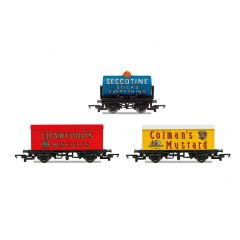 Hornby OO Scale, R6990 Private Owner LWB Box Van 'Crawford's Biscuits' Red Livery, 'Colman's Mustard' Yellow Livery and Private Owner 14T Tank Wagon 'Seccotine' Blue Livery, Three Pack, Hornby Retro 100 small image